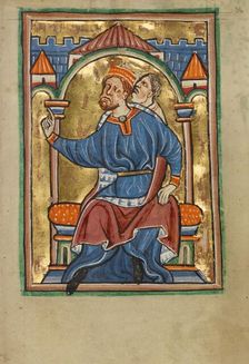 Herod Enthroned; Illustrated Vita Christi, with devotional..., about 1190-1200 & about 1480-90. Creator: Unknown