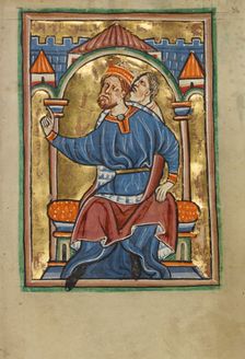 Herod Enthroned; Illustrated Vita Christi, with devotional..., about 1190-1200 & about 1480-90. Creator: Unknown