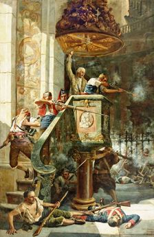 Heroic Combat in the Pulpit of the Church of San Agustín, Zaragoza,...1809, (1887). Creator: Cesar Alvarez Dumont