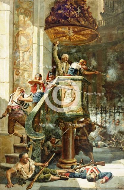 Heroic Combat in the Pulpit of the Church of San Agustín, Zaragoza,...1809, (1887). Creator: Cesar Alvarez Dumont.
