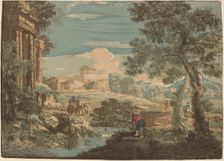 Heroic Landscape with Fisherman, Cows, and Horsemen, 1744. Creator: John Baptist Jackson