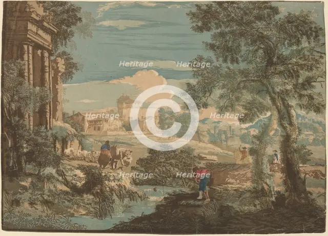 Heroic Landscape with Fisherman, Cows, and Horsemen, 1744. Creator: John Baptist Jackson.