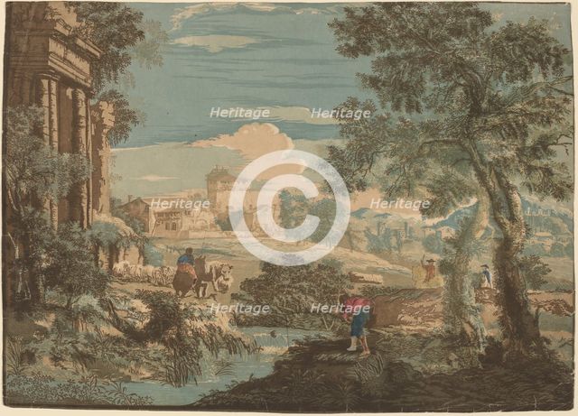 Heroic Landscape with Fisherman, Cows, and Horsemen, 1744. Creator: John Baptist Jackson.