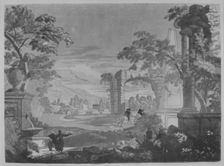 Heroic Landscape with Watering Place, Riders, and Obelisk, 1744. Creator: John Baptist Jackson
