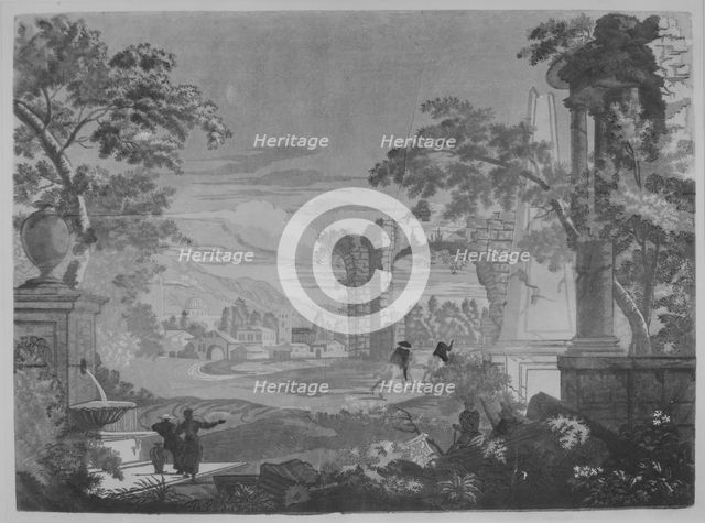 Heroic Landscape with Watering Place, Riders, and Obelisk, 1744. Creator: John Baptist Jackson.