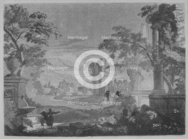 Heroic Landscape with Watering Place, Riders, and Obelisk, 1744. Creator: John Baptist Jackson.