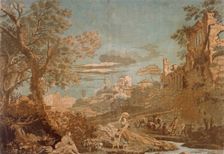 Heroic Landscape with Women at Brook, Child Fishing, and Herdsmen, 1744. Creator: John Baptist Jackson