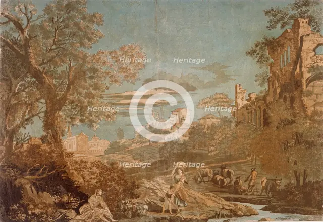 Heroic Landscape with Women at Brook, Child Fishing, and Herdsmen, 1744. Creator: John Baptist Jackson.
