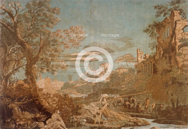 Heroic Landscape with Women at Brook, Child Fishing, and Herdsmen, 1744. Creator: John Baptist Jackson.