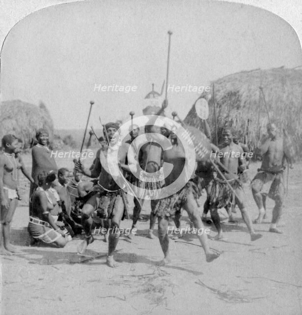 'Heroic sports of the Kraal, a Zulu war dance', Zululand, South Africa, 1901. Artist: Underwood & Underwood
