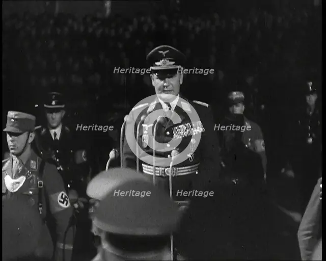 Hermann Goering Giving a Speech from a Decorated Dais at Lehrter Train Station..., 1937 Creator: British Pathe Ltd.