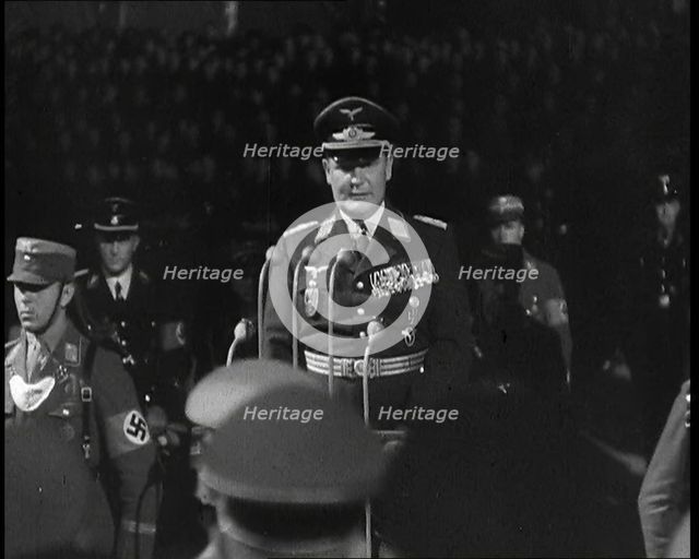 Hermann Goering Giving a Speech from a Decorated Dais at Lehrter Train Station..., 1937 Creator: British Pathe Ltd.