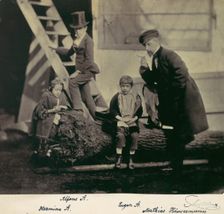 [Hermine, Alfons and Eugen Antoine and Mathias Höusermann on a fallen tree], 1850s-60s. Creator: Franz Antoine