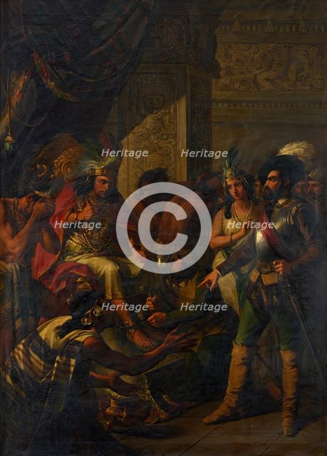 Hernán Cortés, the famous conqueror of Mexico, enters Moctezuma's chambers..., 1858. Creator: Antonio Gómez y Cros.