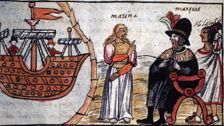 Hernán Cortés and the Indian Marina (or Malinche) Durán Codex, page 202. Engraving
