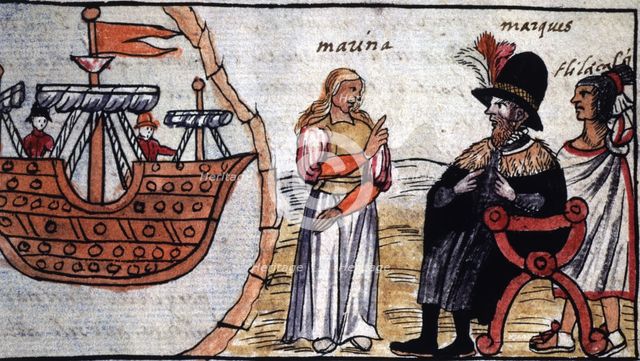  'Hernán Cortés and the Indian Marina (or Malinche)'. Durán Codex, page 202. Engraving.