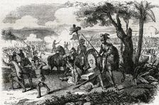 Hernán Cortés in the Battle of Otumba (Mexico) on July 7, 1520, etching, 1862