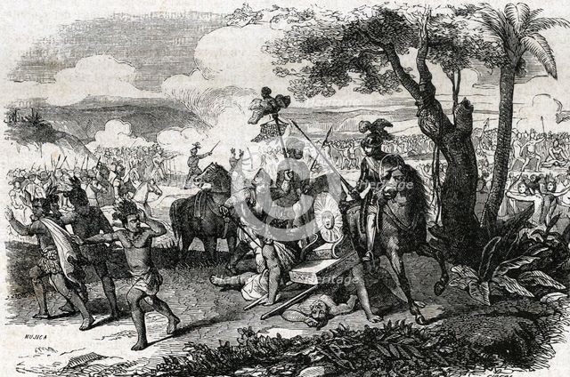 Hernán Cortés in the Battle of Otumba (Mexico) on July 7, 1520, etching, 1862.