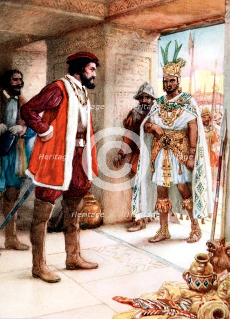 Hernan Cortes meeting the Aztec Emperor Montezuma, 1519. Artist: Unknown