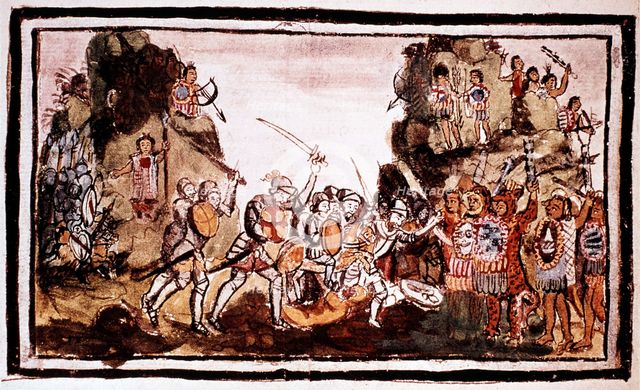 Hernando Cortes (Cortez) (1485-1547), Spanish conquistador, attacking natives in Mexico. Artist: Unknown