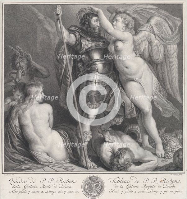 Hero crowned by Victory, who places a laurel wreath on his head, Venus and Cupid at..., ca. 1735-61. Creator: Charles Hutin.