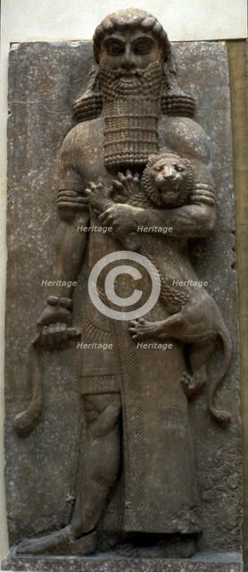 Hero Gilgamesh mastering a lion, 722-705 BC. Artist: Assyrian Art  