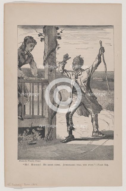 Hi! Ho-o-o! He Done Come. Jumboloro Tell you Fust (The Galaxy, An Illustrated Magazin..., June 1869. Creator: Unknown.