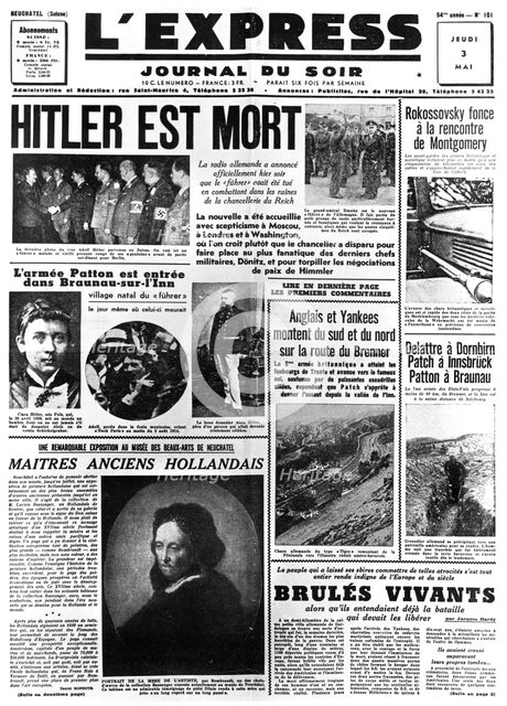Hitler is Dead, front page of L'Express newspaper, 3 May 1945. Artist: Unknown