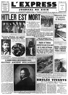 Hitler is Dead, front page of L'Express newspaper, 3 May 1945