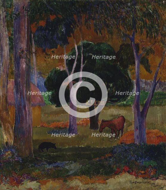 Hiva Oa (Landscape with a Pig and a Horse). Artist: Gauguin, Paul Eugéne Henri (1848-1903)