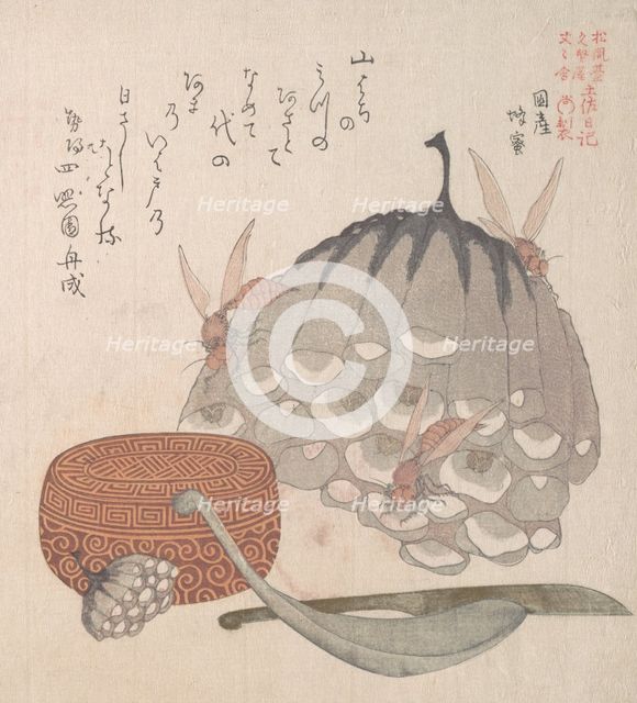 Hives with Wasps, and a Box with a Spoon for Honey, 19th century. Creator: Kubo Shunman.