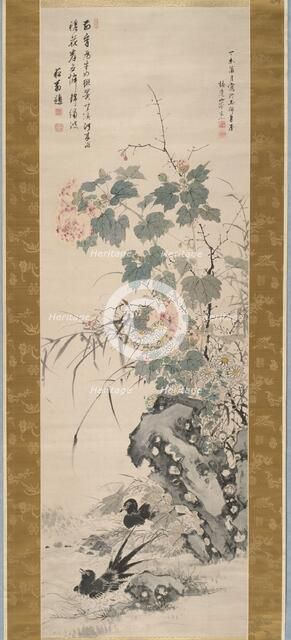 Hibiscus and Magpies, 1847. Creator: Yamamoto Baiitsu.