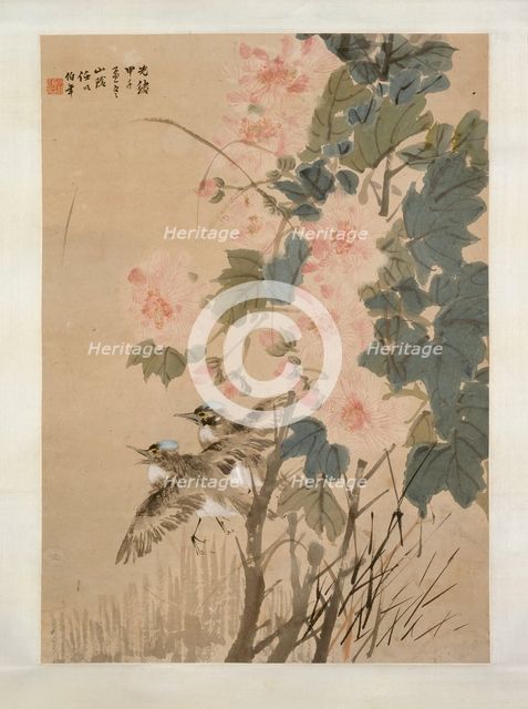 Hibiscus and flying kingfishers, 1894. Creator: Ren Yi.