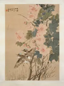 Hibiscus and flying kingfishers, 1894. Creator: Ren Yi