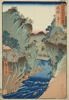 Hida Province: Basket Ferry (Hida, Kagowatashi), from the series "Famous Places in the..., 1853. Creator: Ando Hiroshige
