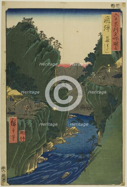 Hida Province: Basket Ferry (Hida, Kagowatashi), from the series "Famous Places in the..., 1853. Creator: Ando Hiroshige.