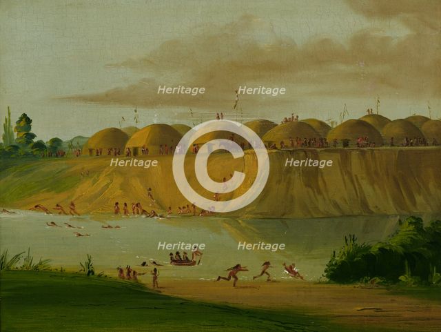 Hidatsa Village, Earth-covered Lodges, on the Knife River, 1810 Miles above St. Louis, 1832. Creator: George Catlin.