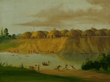 Hidatsa Village, Earth-covered Lodges, on the Knife River, 1810 Miles above St. Louis, 1832. Creator: George Catlin