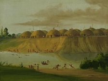 Hidatsa Village, Earth-covered Lodges, on the Knife River, 1810 Miles above St. Louis, 1832. Creator: George Catlin