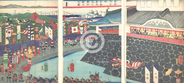Hideyoshi and His Troops Leaving Nagoya Camp (Mashiba Hideyoshi ko nagoya jin saki..., 19th century. Creator: Tsukioka Yoshitoshi.