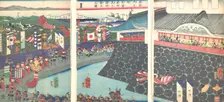 Hideyoshi and His Troops Leaving Nagoya Camp (Mashiba Hideyoshi ko nagoya jin saki..., 19th century. Creator: Tsukioka Yoshitoshi