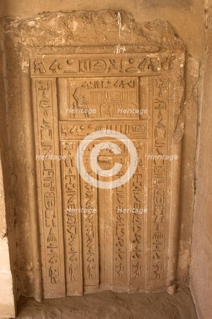 Hieroglyphic writing and deceased ofering food to the gods, Necropolis of Saqqara, Egypt, 2003. Creator: Unknown.