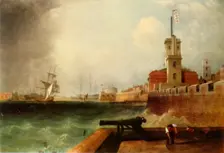 High tide below the Battery, Portsmouth Harbour 1846, (1942). Creator: John Lynn