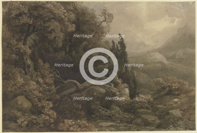 High mountain landscape in a storm, 19th century. Creator: August Weber.