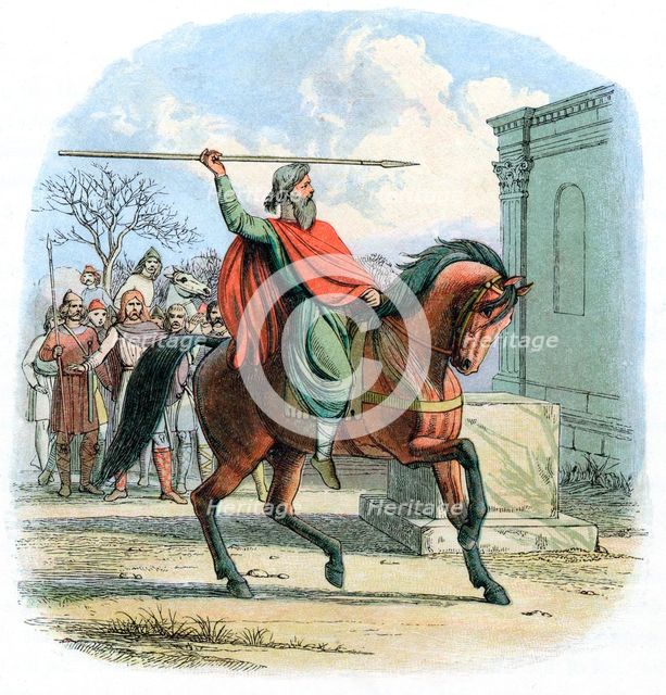 High priest Coifi profaning the temple of the idols, England, 7th century (1864). Artist: Unknown