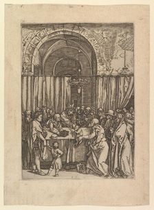 High priest refusing sacrificial lamb from Joachim, after Dürer, ca. 1500-1534. Creator: Marcantonio Raimondi