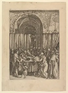 High priest refusing sacrificial lamb from Joachim, after Dürer, ca. 1500-1534. Creator: Marcantonio Raimondi