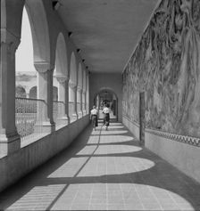 High school showing part of Federal Art Project mural decoration, Fullerton, California, 1937. Creator: Dorothea Lange