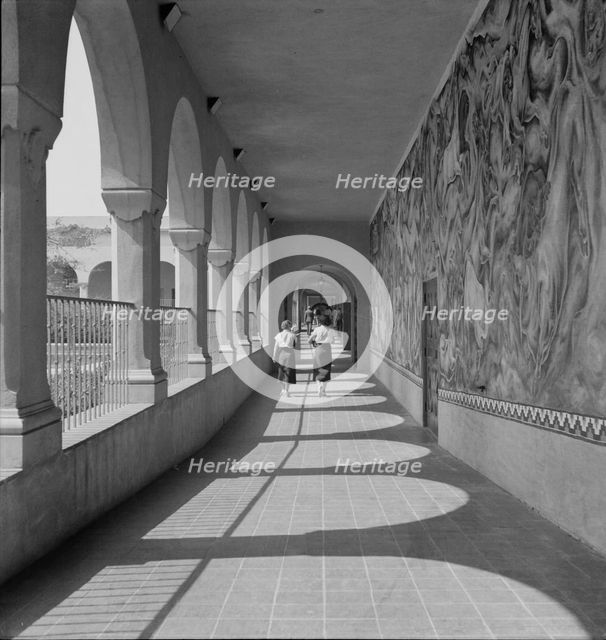 High school showing part of Federal Art Project mural decoration, Fullerton, California, 1937. Creator: Dorothea Lange.