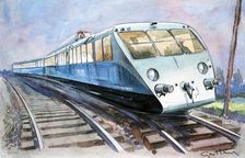 High-speed train, the solid and lightweight Bugatti PLM travelling to Vichy, drawing in L'Illustr…